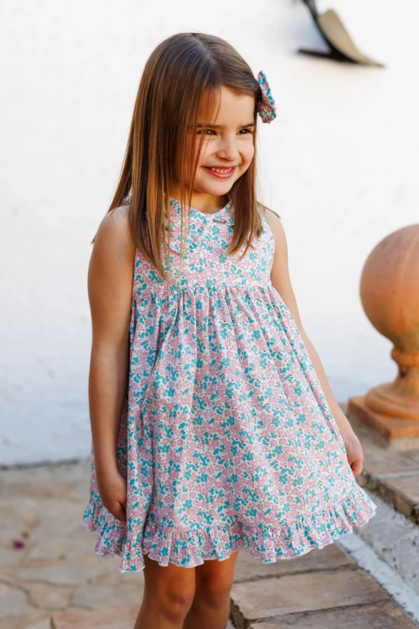 Vestido niña volantes con flores turquesa y rosas